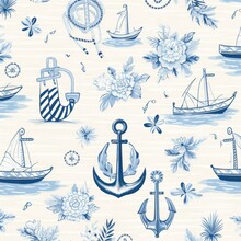 Seamless Pattern With Boats And Flowers, AI