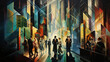 Cubist interpretation of a bustling Wall Street, suited men and women briskly walking, briefcases in hand, amidst towering skyscrapers, sharp angles, deep shadows, bright neon stock tickers