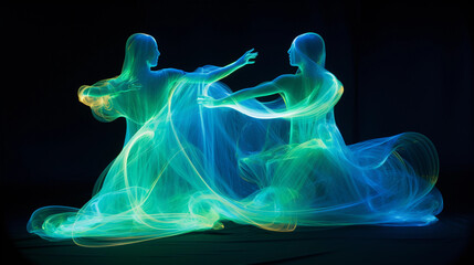 Abstract representation of friendship, two intertwining figures made of colored light, electric blue and neon green, dancing in a void, ethereal, dream-like