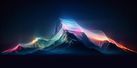 Wall Mural - neon-colored mountaintop, illuminated by otherworldly light, digital glitch effect, focus on jagged 