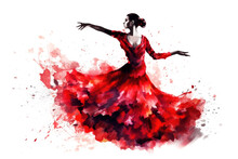 Woman Flamenco Dancer Black, Red And White Graphic. Ink Painting Isolated On White.