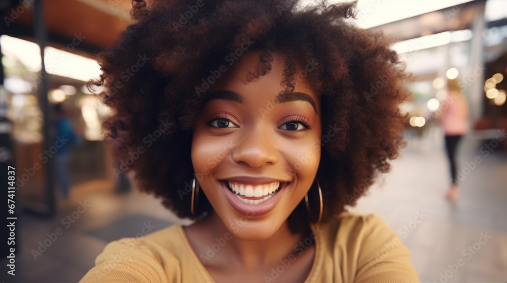 Selfie portrait of laughing black woman outside with curly hair closeup ...