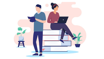 Leinwandbilder - Students reading and studying - Two young people, man and woman taking education using computer laptop and books together, sitting and standing while doing school work. Flat design vector illustration