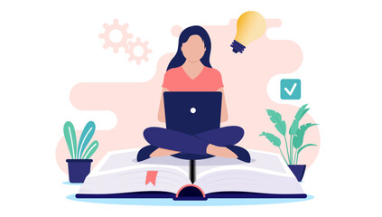Leinwandbilder - Woman student working on computer - Female person with laptop sitting on big book studying, doing school work and taking education class online. Flat design vector illustration with white background
