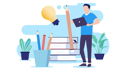 Leinwandbilder - Student and education concept - Young male person standing with computer and pencil in front of school books ready toto learn and be educated. Flat design vector illustration with white background