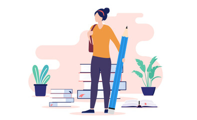 Fototapete - Female student ready for education - Young woman standing in front of school books holding big pencil ready to learn and be educated. Flat design vector illustration with white background