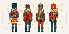 Collection Of Colorful Nutcrackers In Traditional Costumes. Vintage Wooden Toys From Germany. Design Element For New Year And Christmas Decoration. Vector Illustration.