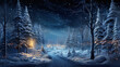 Winter forest at Christmas night, dreamy landscape with magical lights, snow and starry sky. Fairy tale snowy woods. Theme of New Year holiday, wonderland, fairytale nature, xmas
