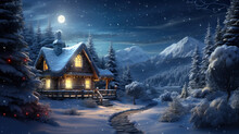 Wooden House In Winter Forest At Night, Landscape With Mountain, Snow And Moon. Chalet And Christmas Tree In Snowy Woods. Theme Of New Year Holiday, Magic, Fairy Tale Nature, Xmas