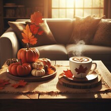 Autumn Vibes, Steaming Coffee Mug, Latte Art, Small Pumpkin, Fall Leaves Bouquet, Cozy Sofa, Cushion, Burlap Placemat, Warm Sunlight, Peaceful Morning Atmosphere.