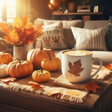 Autumn Vibes, Steaming Coffee Mug, Latte Art, Small Pumpkin, Fall Leaves Bouquet, Cozy Sofa, Cushion, Burlap Placemat, Warm Sunlight, Peaceful Morning Atmosphere.