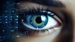 Modern cyber woman with technolgy eye looking. The young woman 's eye is close-up. The concept of the new technology is iris recognition.