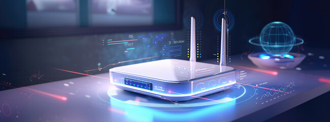 generic modern high speed 5g next generation router for home secure networks and online communication high bandwidth internet technology as wide banner with copy space area and datum data