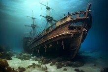 An Old Shipwreck From A Bygone Era, Holding Secrets Of The Sea. Generative AI