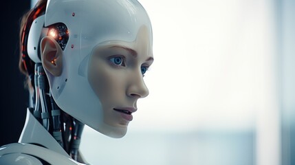 Female robot face closeup on white blurred digital background. Artificial intelligence in virtual reality. Robot head conceptual design closeup portrait.