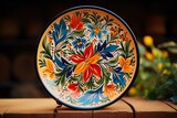 Fototapeta  - Hand-painted ceramic plate with detailed motifs and vibrant colors - artisanal pottery, decorative elegance ceramic plate, colorful artwork of dining plate