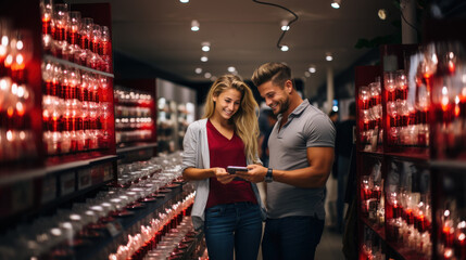 Wall Mural - Couple choosing household items goods in store, looking in tablet, online shopping.