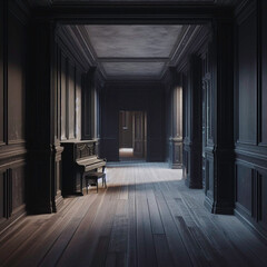 Wall Mural - Dark hallway of an uninhabited house with a piano