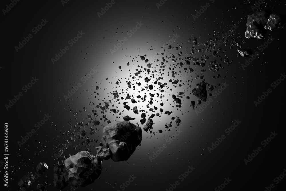 Outer space planet exploded into numerous asteroids with a bright spot ...