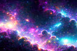 Dichte Wolken aus bunten kräftig leuchtenden Galaxien aus Sternen und Planeten in einem dunklen unendlich weiten Universum. Hintergrund und Vorlage für Technik, Astronomie, Wissenschaft und Forschung.