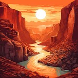 Fototapeta  - Highly detailed and colorful Illustration of a canyon at sunset with the sun in the centre and red hue setting on the cliffs