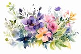 Fototapeta Kwiaty - Hand-painted watercolor bouquet of spring meadow flowers, isolated on white. Floral poster for design/print background. Generative AI
