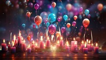 Majestic Birthday Cake Ablaze With Candles, Surrounded By Balloons In An Enchanted Hall, Sets The Scene For A Magical Birthday Celebration  