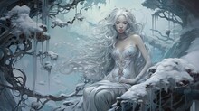 Beautiful Winter Goddess Wearing White Gown Dress In Winter Forest, Anime Character Design Illustration, Generative Ai