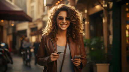 Young smiling Indian woman walking in the city, woman holding a bank credit card and phone, tourist making online booking of accommodation and booking tourist services while walking in the city
