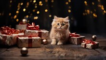 Kitten Sitting With Gift Boxes For Christmas