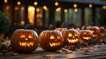 Poster - Halloween pumpkins jack o' lanterns on front porch, exterior home decor, seasonal decorations
