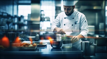 Wall Mural - A chef preparing food in a commercial kitchen, AI