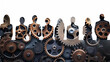 © kichigin19 - flat silhouettes of a group of people in a row on a white background, the concept of business teamwork, silhouettes filled with gears as a complex mechanism of teamwork