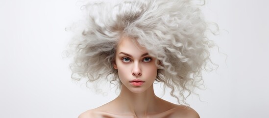 A peculiar hairstyle adorns the young woman s portrait against a plain white backdrop