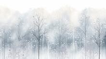 White Watercolor Snowfall In The Forest, Winter Abstract Background Illustration With Copy Space, Greeting Card Form
