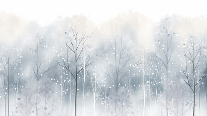 Wall Mural - white watercolor snowfall in the forest, winter abstract background illustration with copy space, greeting card form