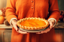 A Grandmother Old Lady Holding A Pumpkin Pie, Copyspace, Wide Banner, Fall Autumn Season, Thanksgiving Holiday