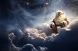 An ethereal and abstract landscape with Santa Claus floating in a dreamy, cloud-filled sky, evoking the magical and otherworldly aspects of Christmas.