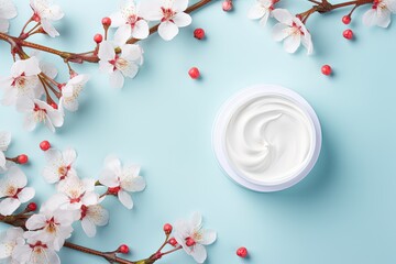 Poster - A modern spring skin care layout can be seen in the top view and flat lay of a beauty background featuring facial cosmetic products, leaves, and cherry blossoms