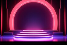 Neon Lit Geometric Forms And Podiums Display Products On An Abstract Background