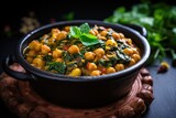 Fototapeta  - Spicy Moroccan chickpea stew with spinach arranged on flat surface