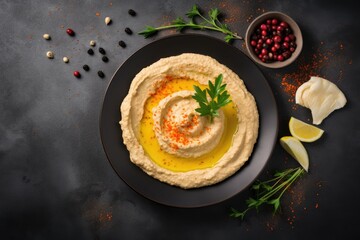 Wall Mural - Spiced hummus on black plate top view grey stone background Copy space