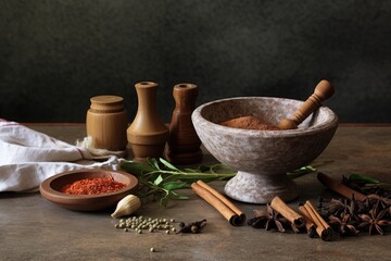 Poster - Spices and a pestle on a table in the kitchen