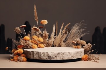 Wall Mural - Stylish display podium with dried flowers for showcasing goods at an exhibition