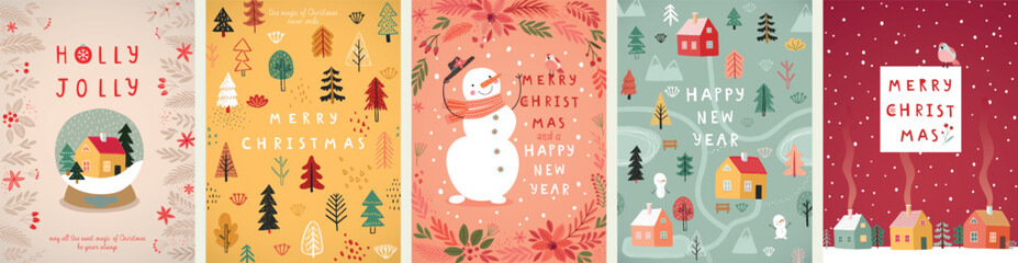 Wall Mural - Christmas card set - hand drawn cute flyers. Postcards with lettering and Christmas graphic elements.