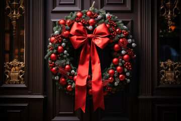 Canvas Print - A festive Christmas wreath hanging on a front door, adorned with ornaments, pine cones, and a bright red bow, welcoming guests with holiday cheer. Generative Ai.