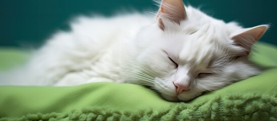 Poster - The sleepy comfortable resting unclean white feline naps on a verdant cloth