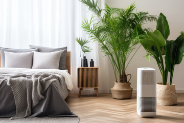 Canvas Print - A white modern air purifier and dehumidifier set in a beige-brown wall bedroom, with gray bed linens and sunlight illuminating the tropical palm tree on a wood parquet floor. Generative Ai.