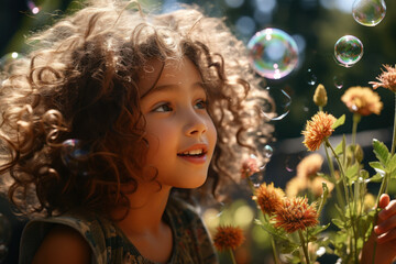 Poster - A young child blowing bubbles with sheer delight in a sunlit backyard, embodying the innocence of youth. Generative Ai.