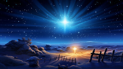 the symbol of the glowing cross in the starry night sky, the biblical story of Christmas, the concept of God, fictional computer graphics